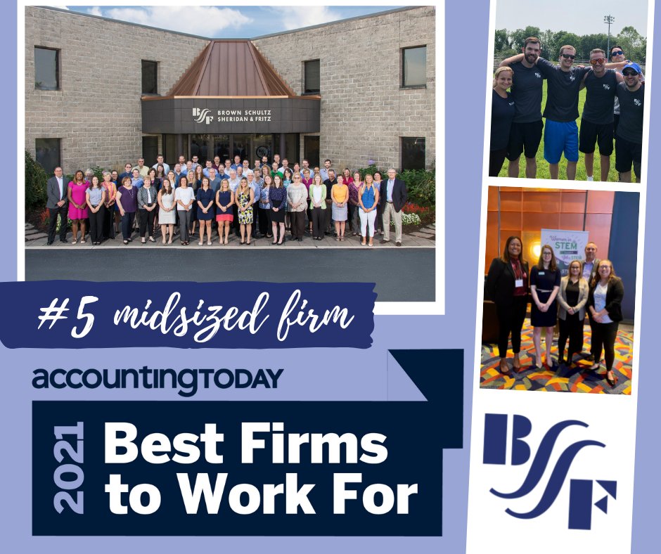 BrownPlusCPAs's tweet photo. BSSF was recently named #5 on @AccountingToday's 2021 Best Accounting Firms to Work list in the Midsized Firms category! We are so proud to have received this honor and thankful to all of our team members who make BSSF such a great place to work. https://t.co/L6ZBTEa7K1