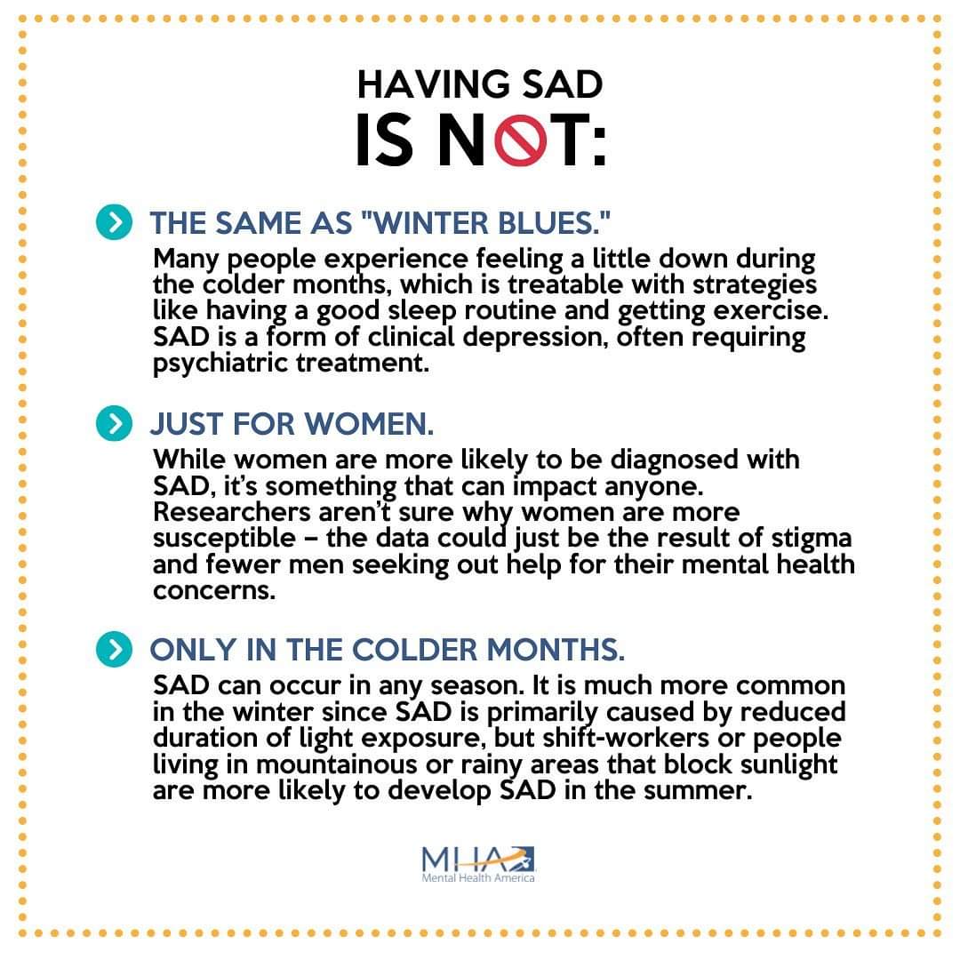 MyThriveNetwork's tweet photo. The focus of #MentalIllnessAwarenessWeek today is seasonal depression, also known as seasonal affective disorder (SAD). SAD is a subtype of depression or bipolar disorder that occurs and ends around the same time every year. To learn more, visit https://t.co/wtT50DZzja https://t.co/sbbe6qUFRo