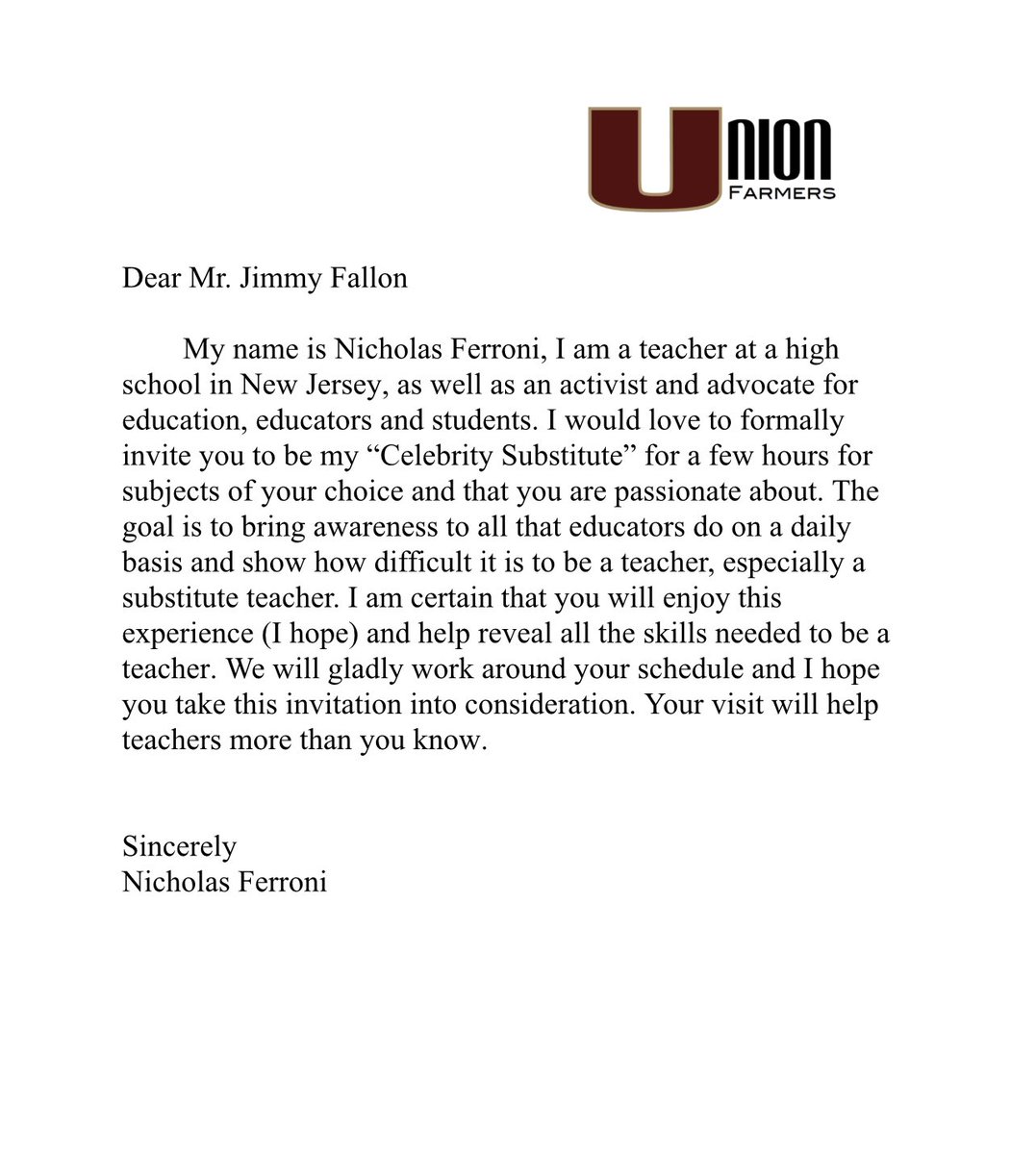 NicholasFerroni's tweet photo. I’m hoping my Twitter family can help share this and I’ve been trying to manifest it into reality for two years… 

I would love to invite @jimmyfallon to be my celebrity substitute/guest 🤞🏼🍎 #celebrityteacher https://t.co/XUTgzFey2Q