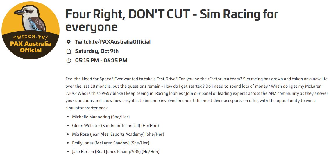 au_glenn's tweet image. With @PAXAus underway, join @supercars series drivers @emree_ree and @JakeBMotorsport , @sim_grid series driver @OneRoseyMia and myself discuss all things Sim Racing - expertly steered by @MishManners.

Watch for a chance to win a seat and wheel package from @SandmanTech
