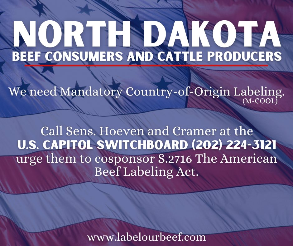 RCALFUSA's tweet photo. NORTH DAKOTA

Retweet if you want M-COOL 

Second Challenge: Share these graphics over Facebook, text, email, and other Facebook groups! 

Your Senators need to know you want M-COOL, urge them to cosponsor S.2716. Call the U.S. Capitol Switchboard (202) 224-3121. 

#LabelOurBeef https://t.co/QuRN15LtIA