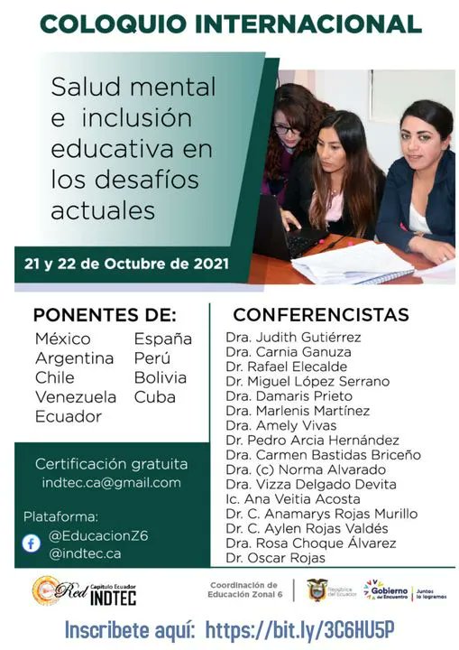 GIET2_0's tweet photo. 📆¡EVENTO! No te pierdas, se acerca el Coloquio Internacional: Salud mental e inclusión educativa en los desafíos actuales, los días 21 y 22 de Octubre.
#GIET2_0 #Educación #Coloquio #internacional #RedIndtec #Inovación #Investigación https://t.co/2OiQ5YsL88