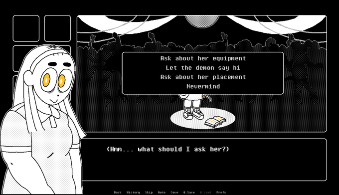 On a side note, I've mentioned it before, but I'm currently making a game :^) it's a short point and click visual novel about a boy named Mordred, who must reluctantly save his classmates from a demon at a high school prom!  Here are some screenshots: 