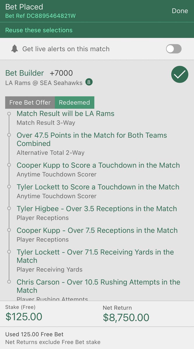 5BucksPOD's tweet photo. NFL SINGLE GAME PARLAY 🏈
The one you’ve been expecting!
Fun parlay!💥
Last time we nearly hit it.
Loving this one!
GL! 🔥
#GamblingTwitter #NFL #FreePicls #LARvsSEA https://t.co/OkYIIBybED