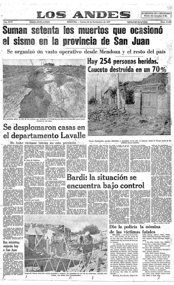 77_palabras's tweet photo. San Juan, noviembre del 77. 
El terremoto de Caucete en tan solo 20 segundos dejó casi 70 victimas fatales y más de 250 heridos además de los impactantes destrozos a nivel material. 

Chequea la primera imagen 

#Roma5 #50HuellasET https://t.co/HlTVJ8U5GA