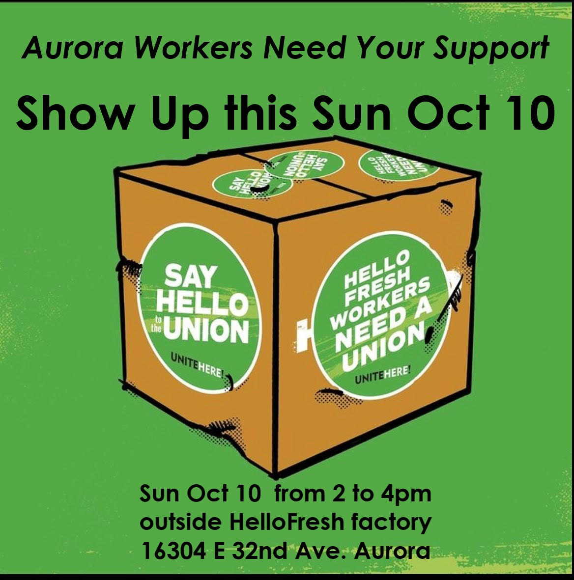 COJWJ's tweet photo. Join us SUNDAY at 2pm in Aurora outside the HelloFresh factory to show solidarity with workers as they prepare for their union election! https://t.co/Jm1Y8ygmjO