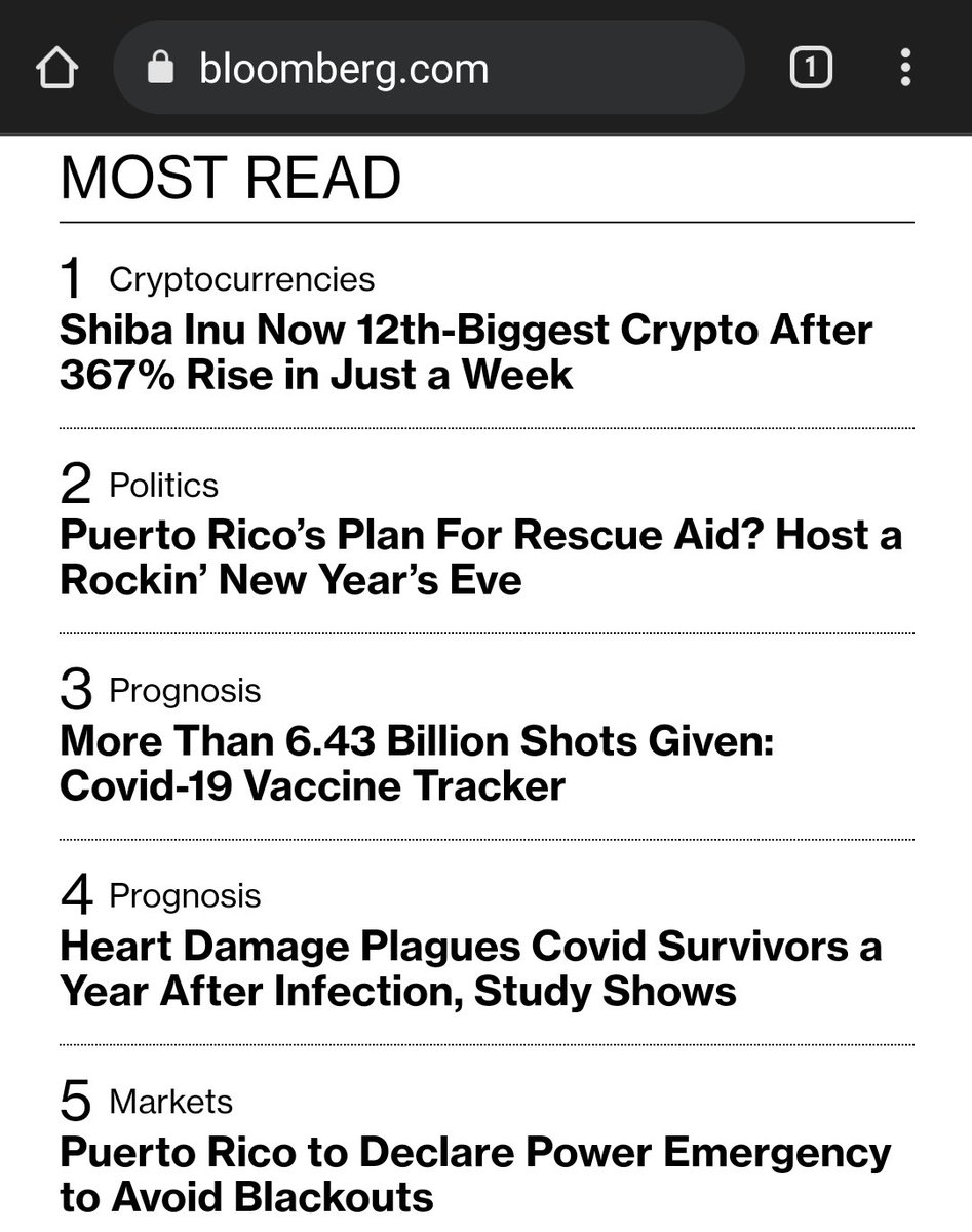 Dos de las noticias más leidas hoy en Bloomberg (<a href="/business/">Bloomberg</a>) son sobre Puerto Rico.

El PR-NYE-bash de <a href="/PierluisiCary/">Cary Pierluisi</a> y <a href="/fortalezapr/">Puerto Rico Governor's Office</a> y, por supuesto, la  <a href="/AEEONLINE/">Autoridad de Energía Eléctrica</a>.

-- Al menos a #ShibaInu parece que le va bien.