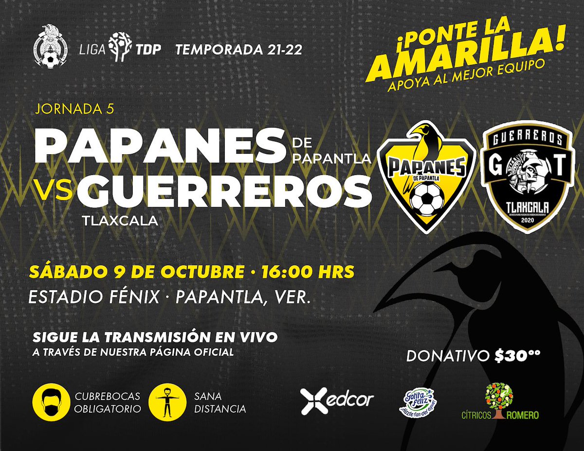 Éste sábado 💛💙🙏🏽⚽️🥳no te puedes perder nuestra siguiente jornada el vuelo está en lo más alto, apoya al equipo ponte la Amarilla somos papanes de Papantla! Te esperamos en nuestro nido en el estadio 🏟 fénix Solidaridad