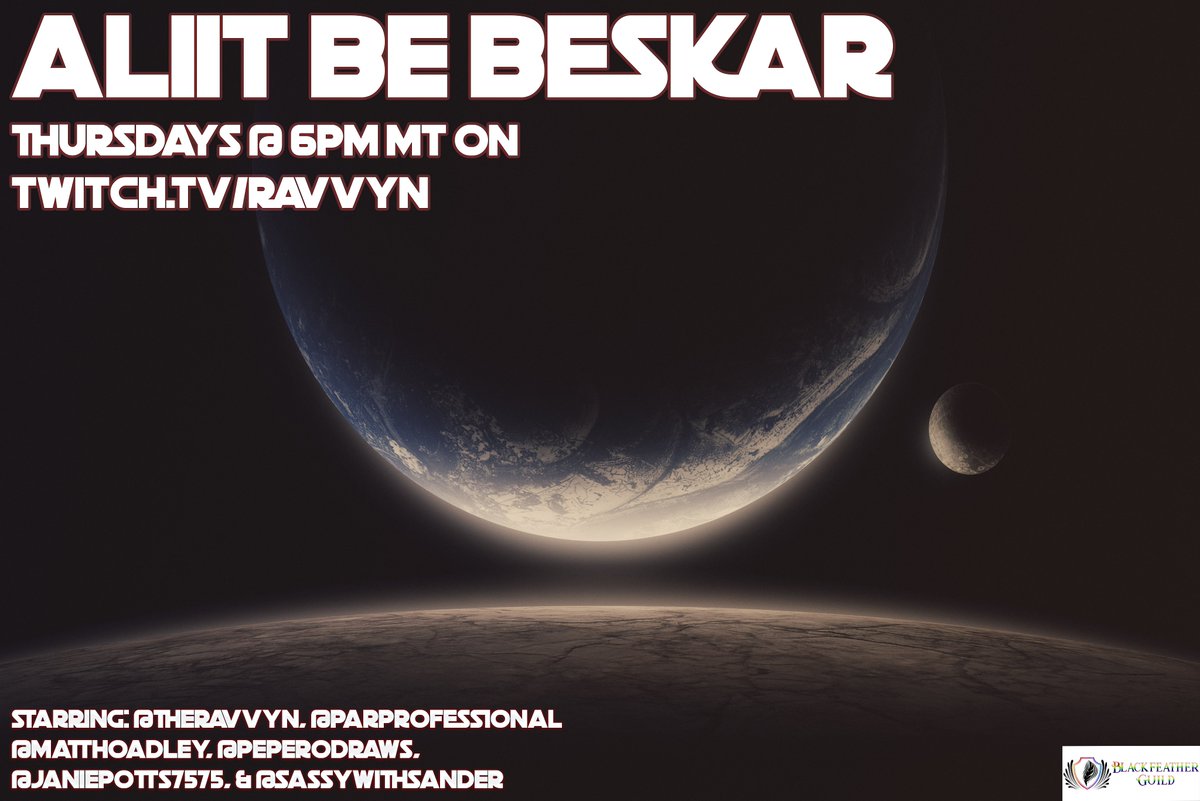 TheRavvyn's tweet photo. We are LIVE at 6pm MT with "Aliit be Beskar Ep. XIX"! Stolen holocrons, giant sea creatures, and a resort vacation all happening at the same time. Don't miss this one!
#BlackfeatherGuild #AliitBeBeskar https://t.co/4QINyuNU4l