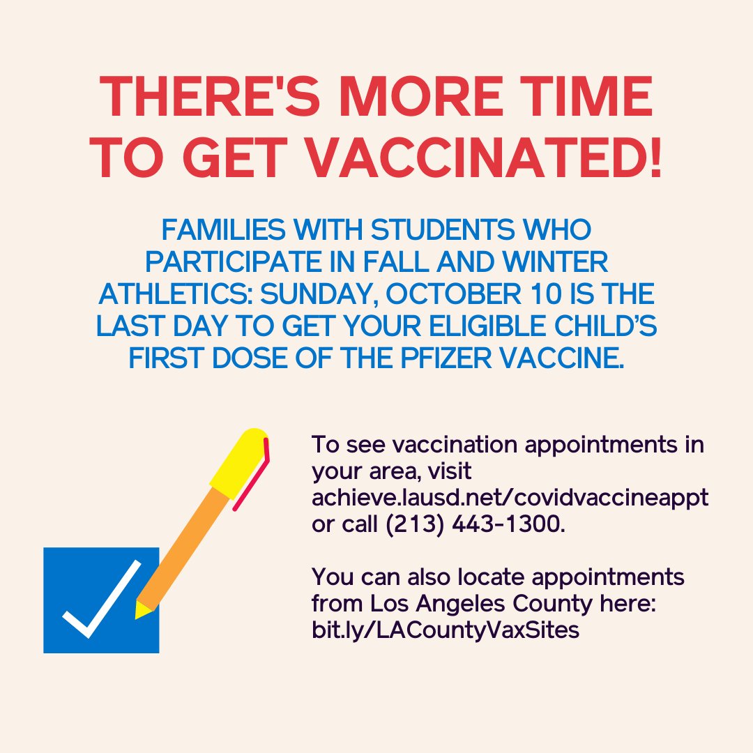 LASchools's tweet photo. ATTENTION LOS ANGELES UNIFIED: THERE'S MORE TIME TO GET VACCINATED!
Upcoming Vaccination Clinics, 10/9
LD Northeast: Maclay MS, San Fernando Health Center
LD East: Hollenbeck MS, El Sereno MS
LD Central: Clinton MS
LD Northwest: Cleveland Charter HS
LD South: Wilmington STEAM Mag https://t.co/tQLKowawo7