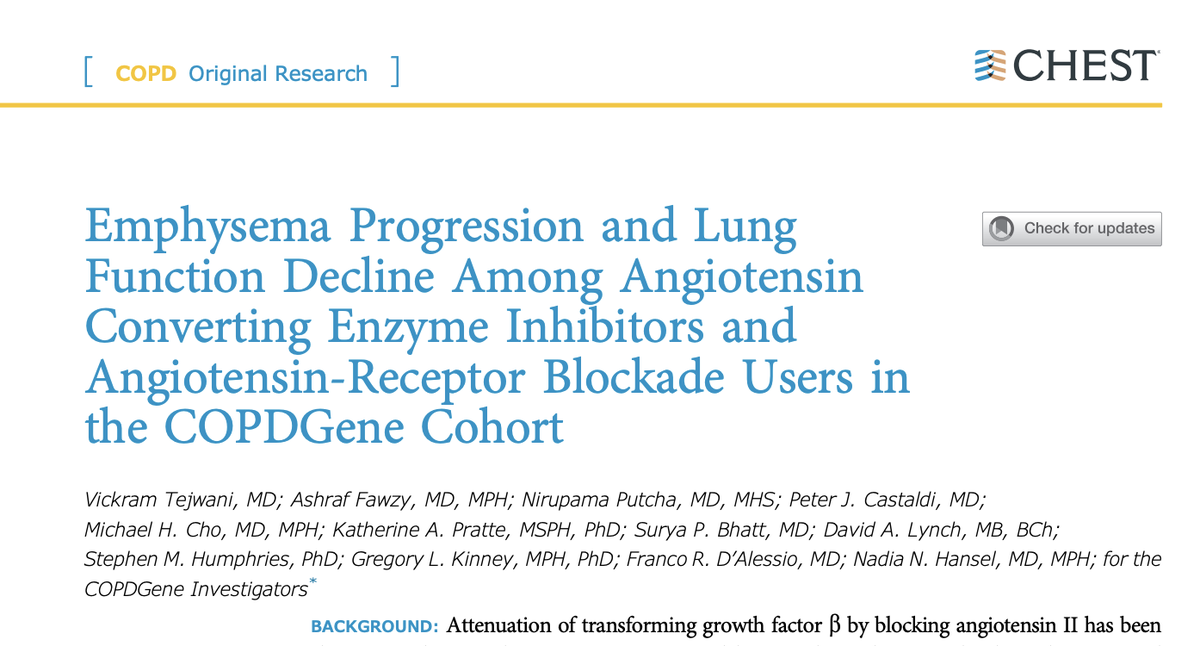 CHEST® Journal (@journal_chest) on Twitter photo Angiotensin-converting enzyme inhibitors and angiotensin-receptor blockade use was associated with slower progression of emphysema and lung function decline.
Read the full article by <a href="/VTejwaniMD/">Vickram Tejwani</a>, @AshFawzyMD, <a href="/NadiaHanselMD/">Nadia Hansel, MD</a>, <a href="/suryapbhatt/">Surya P Bhatt, MD, MSPH</a>: hubs.la/H0YQLkY0 Angiotensin-converting enzyme inhibitors and angiotensin-receptor blockade use was associated with slower progression of emphysema and lung function decline.
Read the full article by <a href="/VTejwaniMD/">Vickram Tejwani</a>, @AshFawzyMD, <a href="/NadiaHanselMD/">Nadia Hansel, MD</a>, <a href="/suryapbhatt/">Surya P Bhatt, MD, MSPH</a>: hubs.la/H0YQLkY0