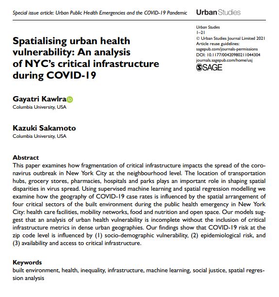 USJ_online's tweet photo. Findings from @gaya__tree and @UrbanDigitized's new study show that #COVID-19 risk at zip code level in NYC is influenced by socio-demographic vulnerability, epidemiological risk, and availability and access to critical #infrastructure https://t.co/zUvQ8Aws4H https://t.co/k57YQ6bD7Y