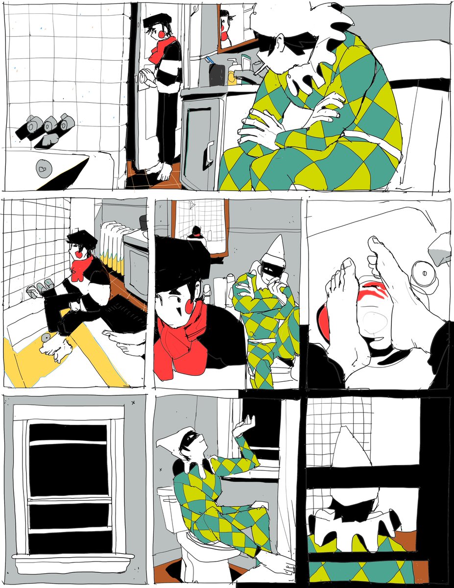 i think ive posted a bit of this before but i had this comic wip flopping around a bit earlier this year... some stuff about clown romance, barfing in a parking lot, homoerotic feet washing, memories, that sort of thing..... still in comics limbo 