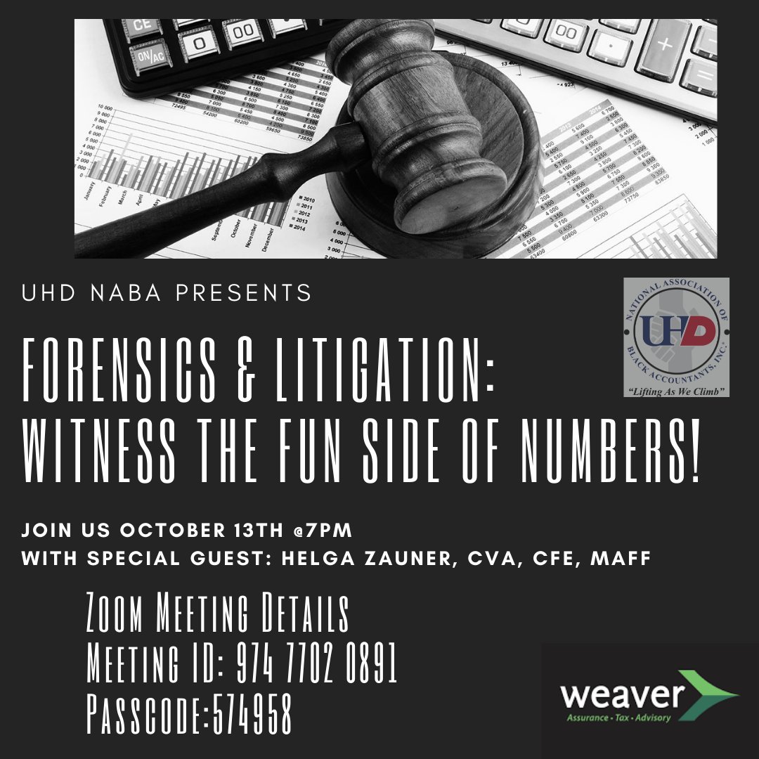 UHDNABA's tweet photo. Join us next Wednesday as we Witness the FUN side of numbers! 

#uhdnaba #Liftasweclimb #forensics #litigation #fraud https://t.co/0HpFyAHk78