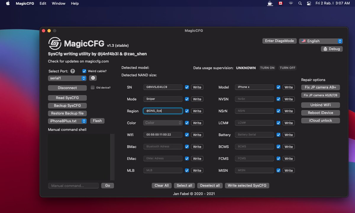برنامج  MagicCFG ينفع لأصحاب المحلات والاستخدام الشخصي..يمدحون وصلة DCSD عليه 😃
.الموقع الرسمي
magiccfg.com/Downloads.html
 من بعض فوائده تغير السريال+تخطي الايكلود لبعض الموديلات +ممكن تقدر تتخطى باند السناب اللي ع الجهاز لو موديل ايفونك يدعم هالبرنامج . صورة توضيح من جهازي #تقنية
