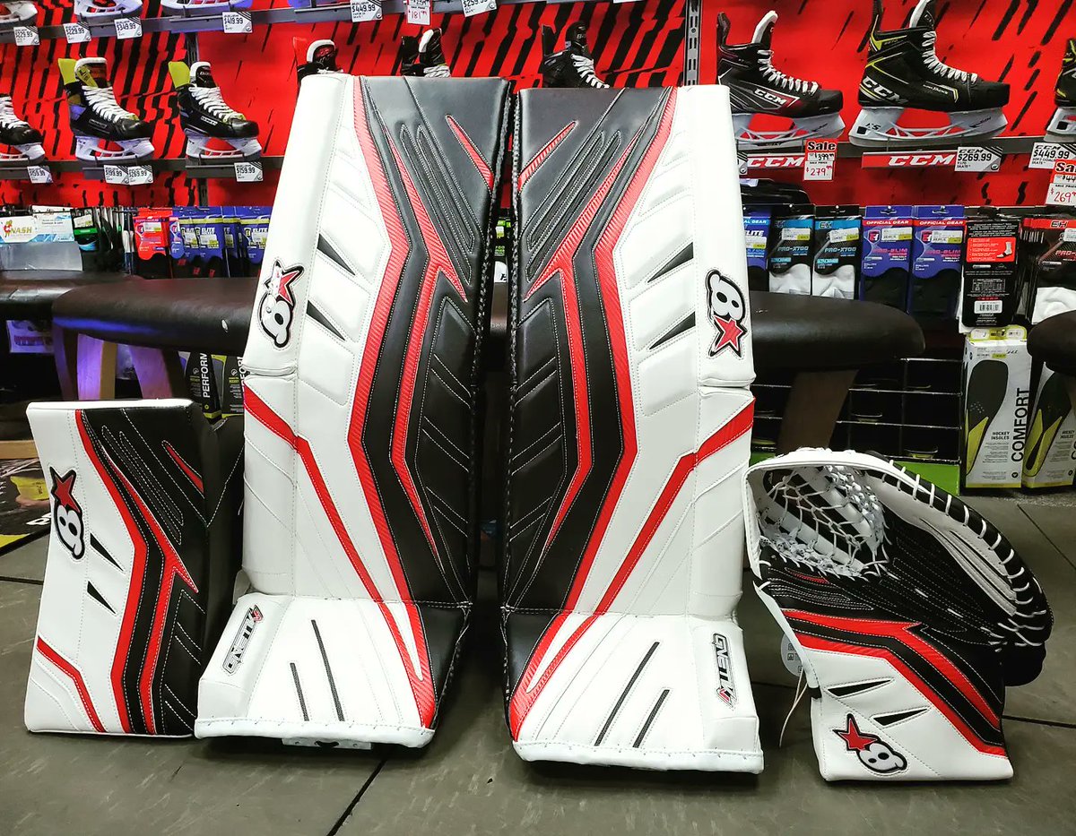 A Beautiful set of <a href="/goaliesonly/">Brians Custom Sports</a>  G-Netik V Pads, Blocker and Trapper. Done custom for the store in White-Black-Red. Come check em out before someone else snatches them up! #brians #brianscustomsports #goaliesonly #hockey #icehockey #goalie #gnetikV #2021