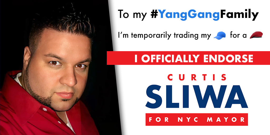 To my #YangGangFamily, 

I OFFICIALLY ENDORSE <a href="/CurtisSliwa/">Curtis Sliwa</a> FOR MAYOR OF NEW YORK CITY &amp; here are my 20 reasons why... 

Read my thread below: