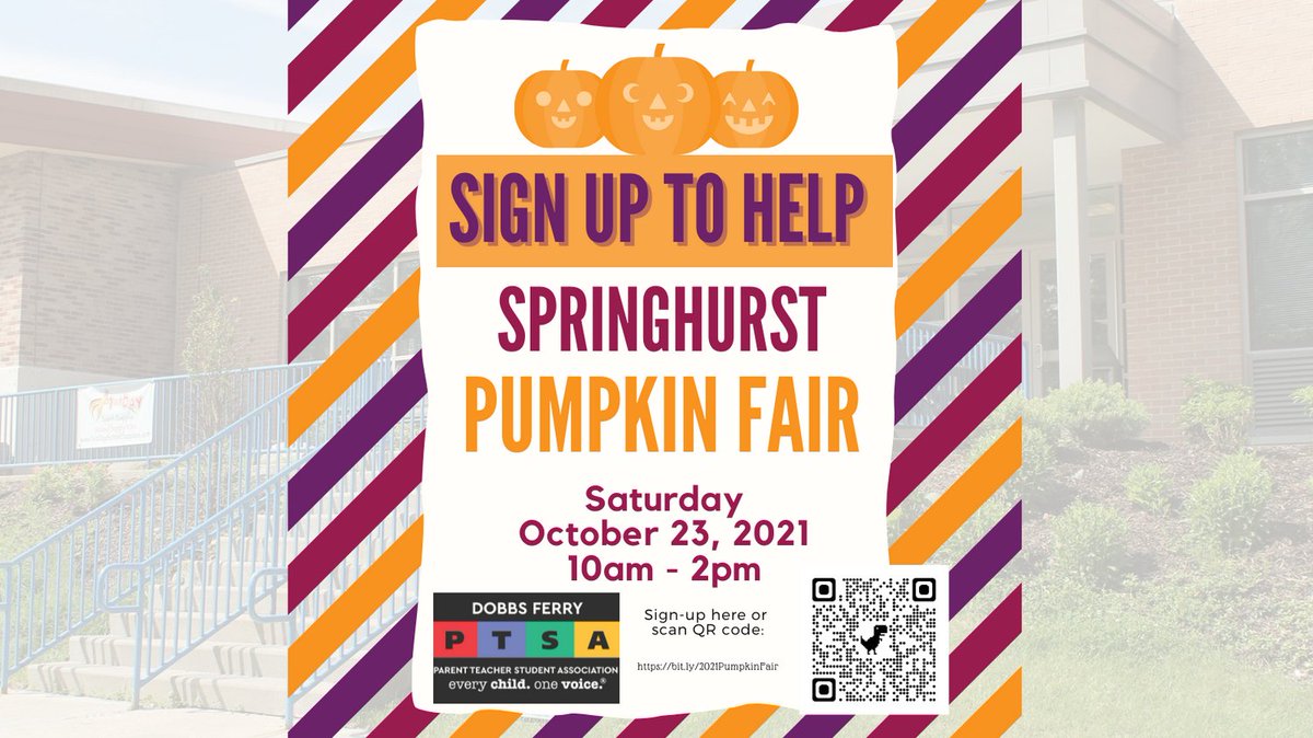 Come join the Dobbs Ferry PTSA at our annual Springhurst Pumpkin Fair! Sign up to donate baked goods or volunteer here bit.ly/2021PumpkinFair