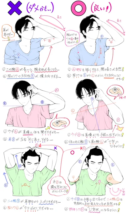 髪をかきあげる仕草を描くときの

「下手に見えやすい例❌」

「上手に見えやすい例⭕️」 