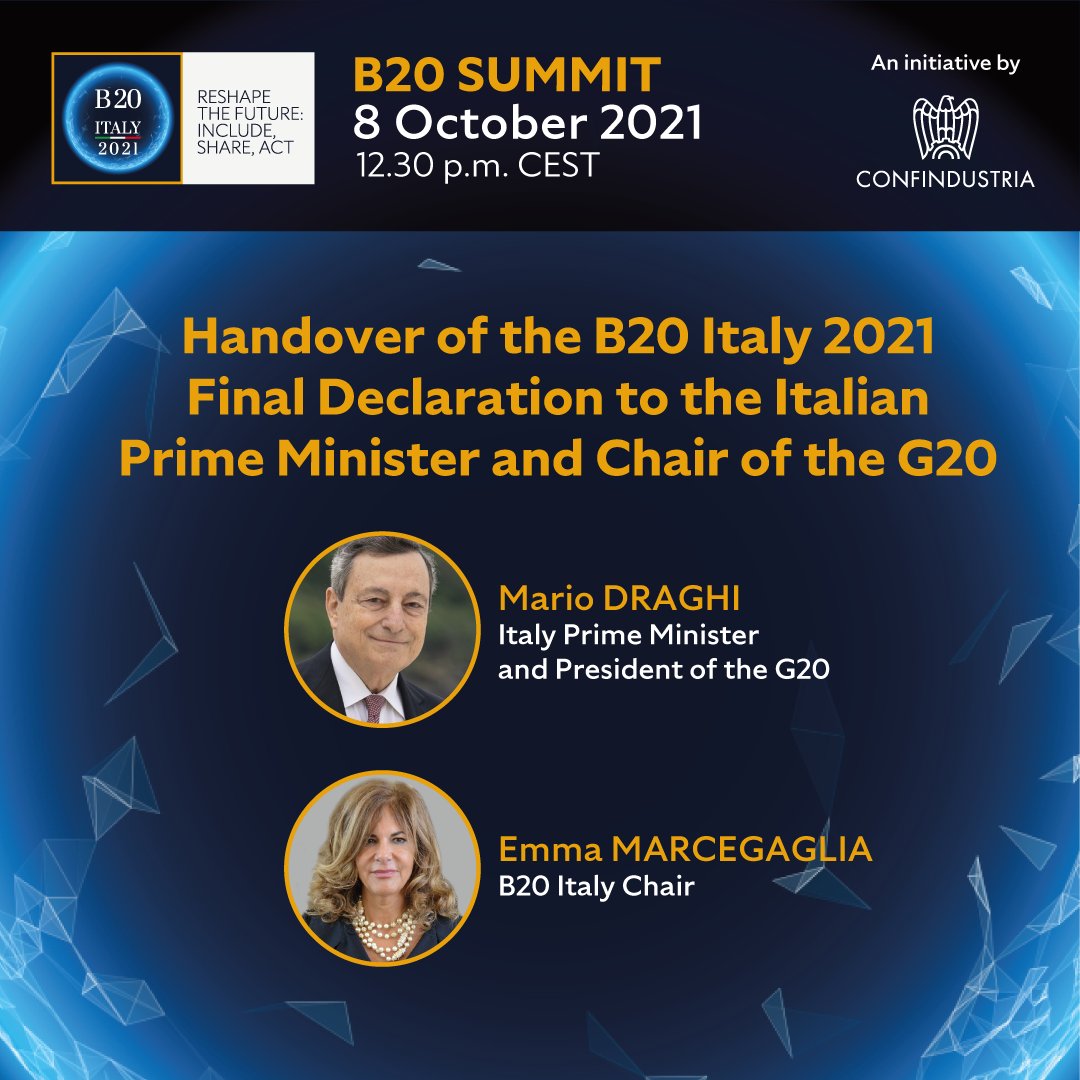 🔵 Segui in diretta dalle 12.30 la consegna del Documento finale del <a href="/b20/">B20_USA</a> al Presidente del Consiglio <a href="/Palazzo_Chigi/">Palazzo_Chigi</a> e del <a href="/g20org/">G20 United States</a> Mario Draghi da parte di Emma Marcegaglia su:

➡️ confindustria.it 
➡️ b20italy2021.org

#B20FinalSummit #B20Italy #8ottobre