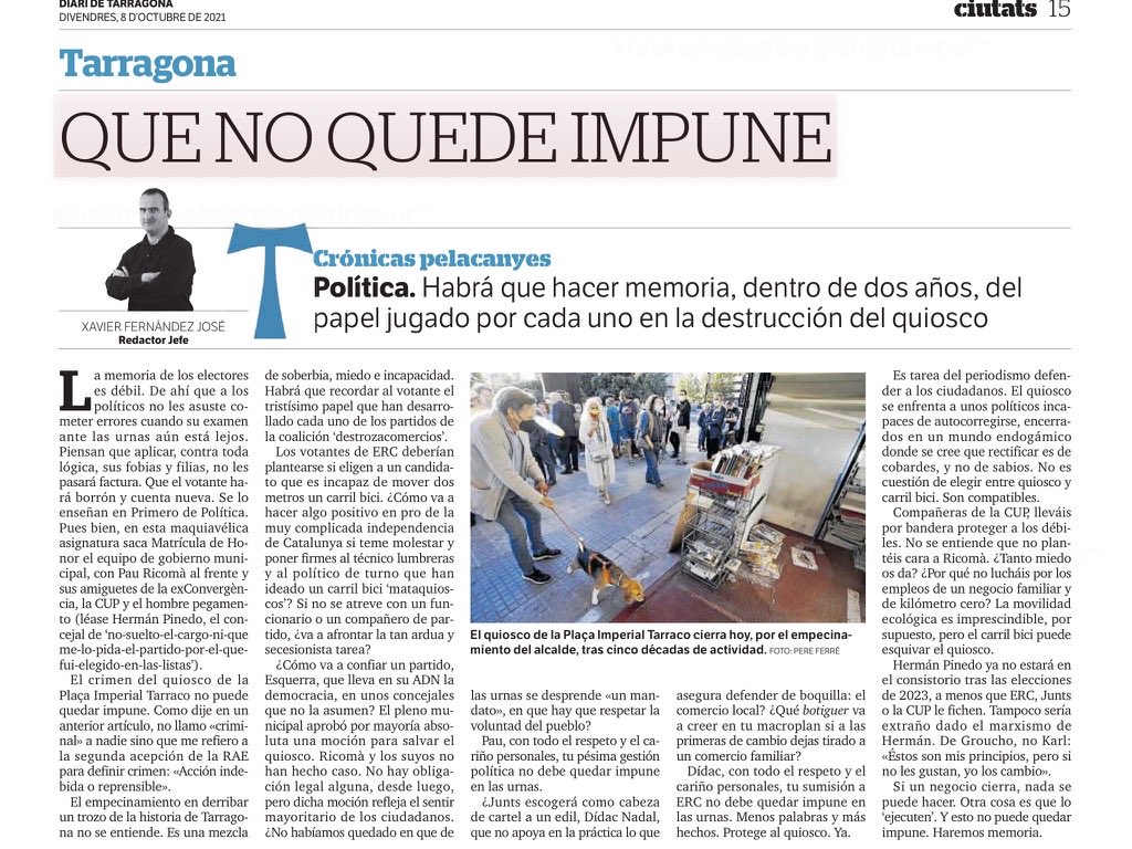 SNasarreA's tweet photo. Cerrar un kiosko céntrico e histórico es mala notica en #Tarragona. Lo mismo que poner en duda y no avanzar con #RamblaScience en el Banco de España como centro de transferencia de la ciencia o ignorar los peligros inminentes que nos trae el #corredordelmediterraneo. Qué pena. https://t.co/vTSkXxw0MA