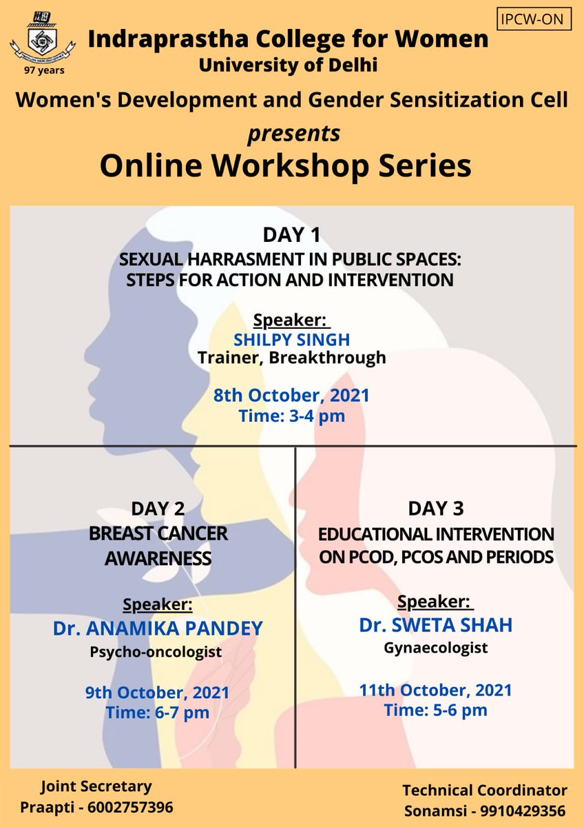 ipcollegedu's tweet photo. Women's Development and Gender Sensitisation Cell @ipcollegedu presents online Workshop Series on Sexual Harrassment in Public Spaces, Breast Cancer Awareness and Educational Intervention on PCOD, PCOd and Periods.
#Women #FightPCOS #PCOD #SexualHarrasmentNoMore https://t.co/9LtZ4L3hci