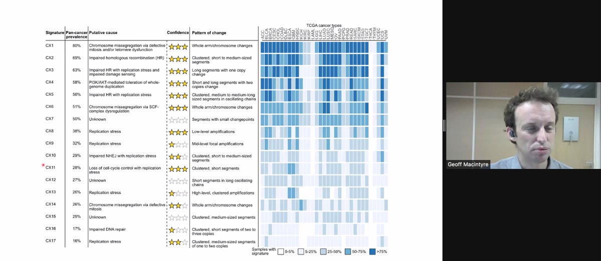 VicCanBioinf's tweet image. GM: Some of the 17 copy number signatures have clear etiologies (many stars), others do not. GM then goes on to applications, showing an example of predicting drug sensitivity based on one of the CNA signatures, CX3. #vcbs2021
