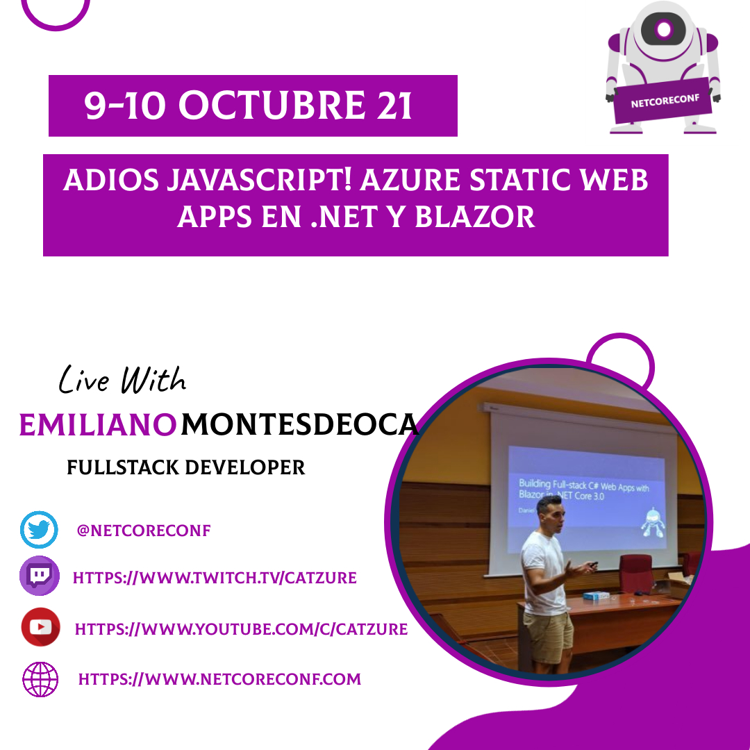 netcoreconf's tweet image. ‼️Sesión‼️
Ya os habéis quitado las legañas, tomado el primer café... pues agarraros que viene una sesión que no os dejará indiferente. @emimontesdeocaa nos va a hablar de Azure Static Web Apps en .NET y Blazor
📆 08/10 🕒 10:00 ▶️  
youtu.be/35WD6U9j_2E #dotnet #blazor