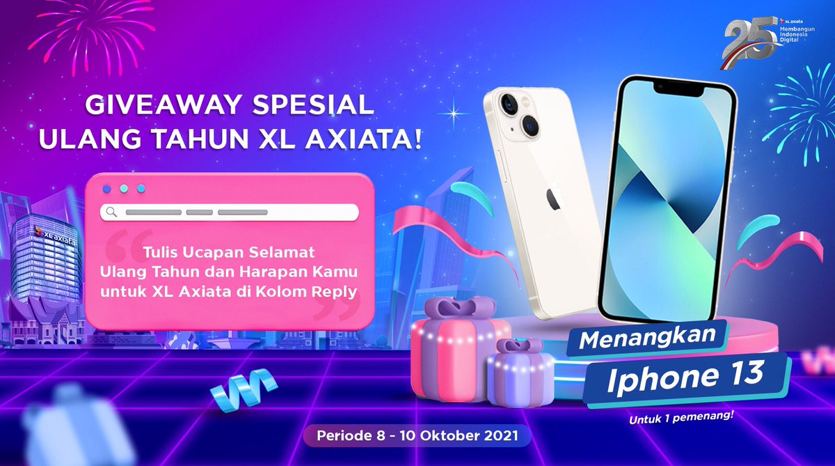 GIVEAWAY IPHONE SPESIAL DI HARI ULANG TAHUN XL AXIATA KE 25!

Langsung aja ikutan dengan cara:
1. Follow @xlaxiata_tbk 
2. Gunakan hashtag 
#XLAxiata25Tahun
3. Like &amp; Retweet untuk tanda kamu berpartisipasi

Semoga kamu beruntung yaaa!