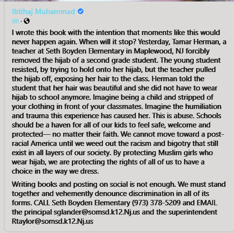Kranti_Maharani's tweet photo. Tamar Herman, a teacher at Seth Boyden Elementary in Maplewood, NJ forcibly removed the hijab of a second grade student. The young student resisted, by trying to hold onto her hijab, but the teacher pulled the hijab off, exposing her hair to the class. Herman told the student https://t.co/8tGMPzdMhN