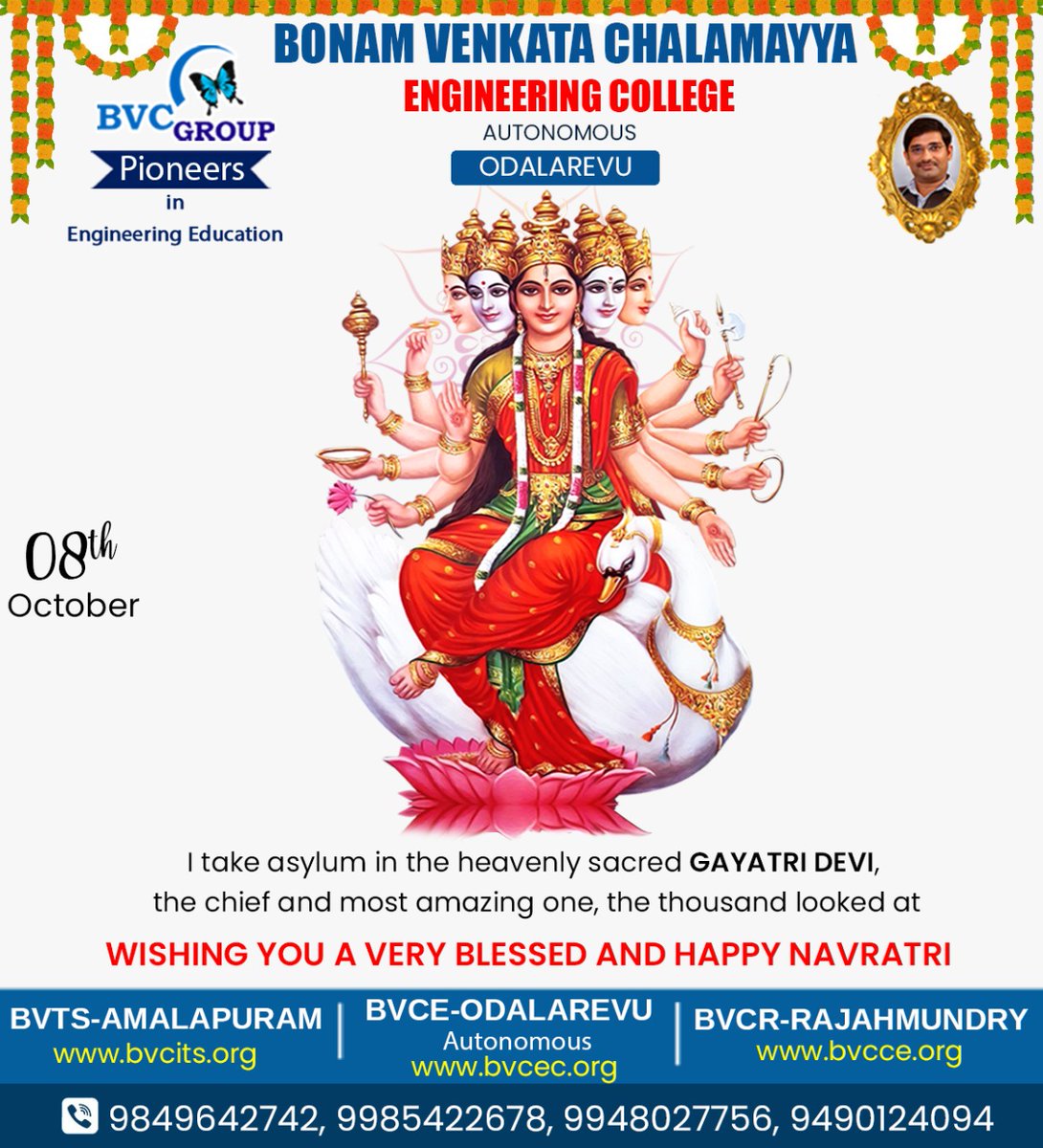 BvcColleges's tweet photo. May Goddess Gayatri Blessings be with all of us.
#navratri2021 #DasaraFestival #Gayatri #AuspiciousDay https://t.co/Sy0VFW97Yt