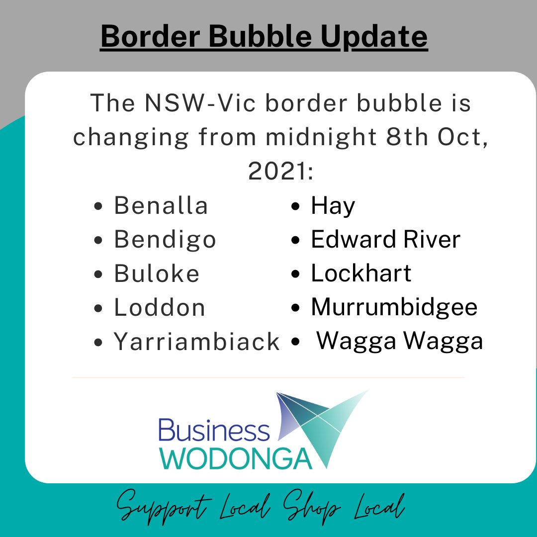 BUSINESSWODONGA's tweet photo. Announced today: The border bubble is expanding to include more areas from midnight tonight.
https://t.co/aky1l79aEl
#supportlocalshoplocal #strongerwodonga #covidsafe #borderbubble #businesswodonga https://t.co/PoK1bYzwDN