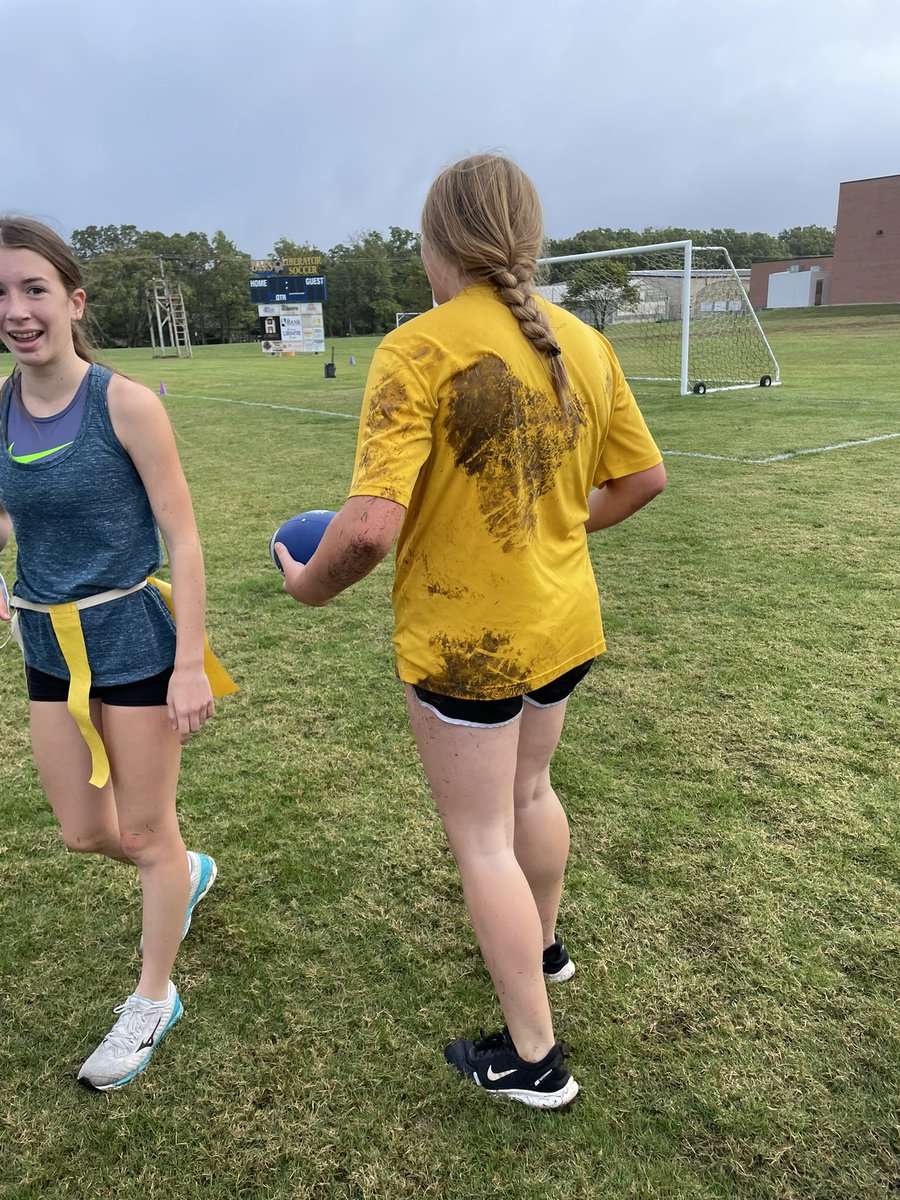betsy_berry's tweet photo. What a fun time playing flag football in PE today! These girls loved it mud and all! #goliberators https://t.co/zaOhVwFUn5