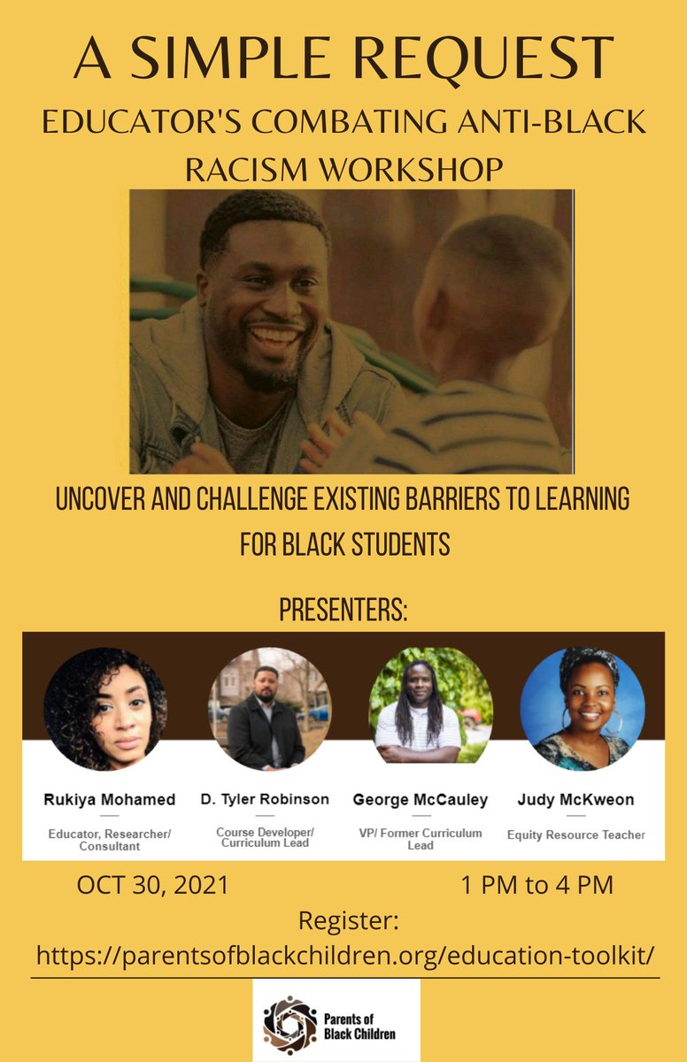 Parents of Black Children (@pobcadvocate) on Twitter photo Educators- Have you registered for our Combating Anti-Black Racism Workshop? This workshop is specifically for educators by educators. Walk the walk….Register early to secure your spot. eventbrite.ca/e/educators-co… <a href="/MsRukiya/">Rukiya Mohamed</a> <a href="/DTylerRobinson1/">D. Tyler Robinson (he/him)</a> <a href="/georgemccauley/">GEORGE MCCAULEY</a> Educators- Have you registered for our Combating Anti-Black Racism Workshop? This workshop is specifically for educators by educators. Walk the walk….Register early to secure your spot. eventbrite.ca/e/educators-co… <a href="/MsRukiya/">Rukiya Mohamed</a> <a href="/DTylerRobinson1/">D. Tyler Robinson (he/him)</a> <a href="/georgemccauley/">GEORGE MCCAULEY</a>