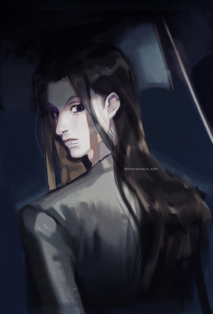 long hair 1boy male focus solo black hair looking back looking at viewer  illustration images