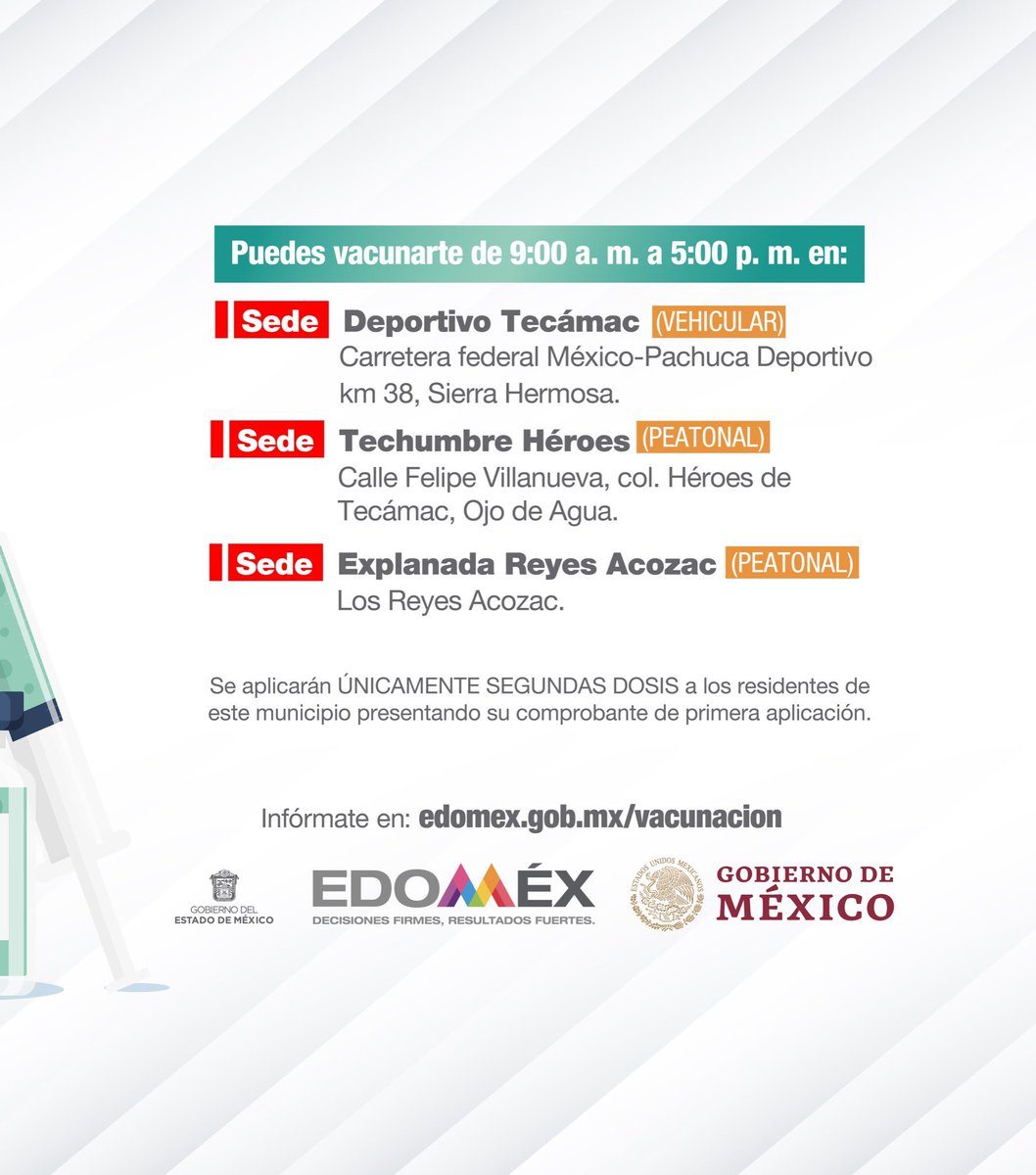 alfredodelmazo's tweet photo. Del 8 al 10 de octubre estaremos aplicando la segunda dosis a los adultos de 30 a 39 años en #Tecámac. #EstrategiaDeVacunación https://t.co/zmlyoKgu7o