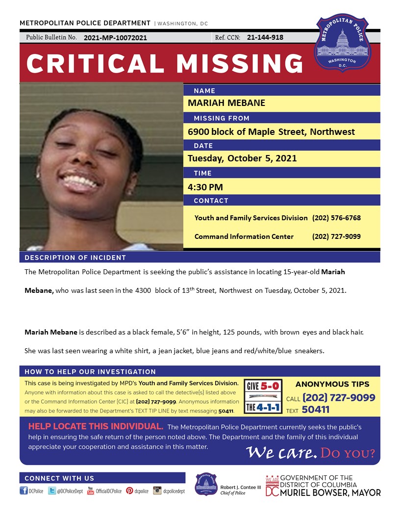 JulianHipkins's tweet photo. Please help find @RooseveltHSDC student Mariah Mebane. https://t.co/KTQfAcJW3f