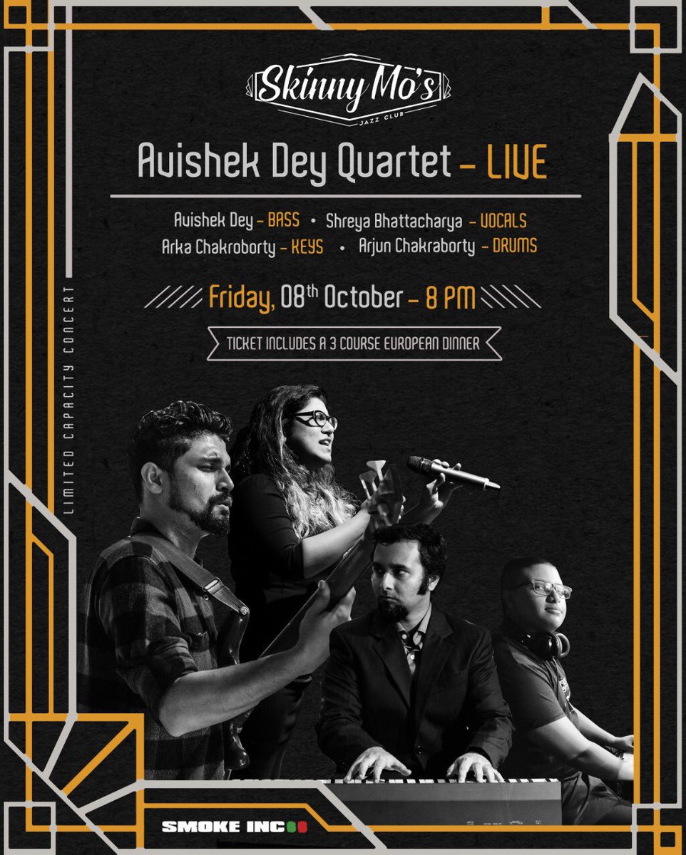 It’s show day folks! And we have the last ticket left. Let’s see who gets it first 😀 

Skinny Mo’s #Jazz Club : dinner + live concert tonight with the Avishek Dey Quartet #kolkata 

<a href="/KolkataScene/">KolkataScene</a> <a href="/jamsteady/">Jamsteady</a>