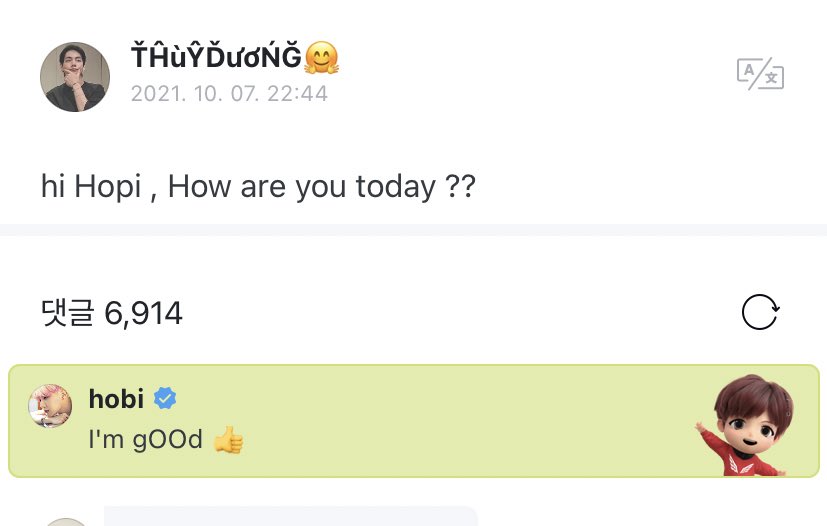 btstranslation7's tweet photo. weverse 211008 @bts_twt

op: hi hopi , how are you today ??

hobi: I’m gOOd 👍 https://t.co/zLQKrkNvZZ