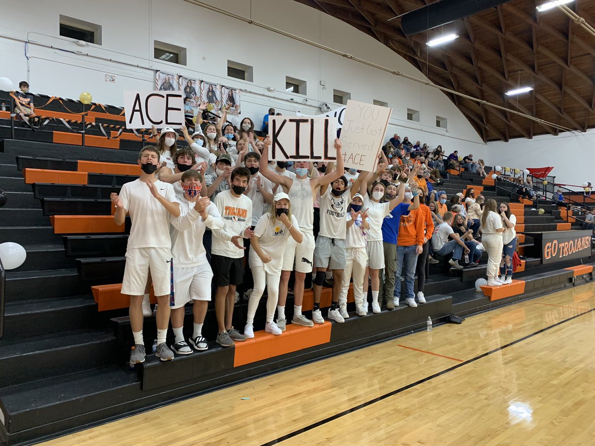 TrojanGBBallEHS's tweet photo. Lady Trojans win in 2 on senior night! The student section got after it tonight!! #trojanforce322 https://t.co/yAV905tZiy