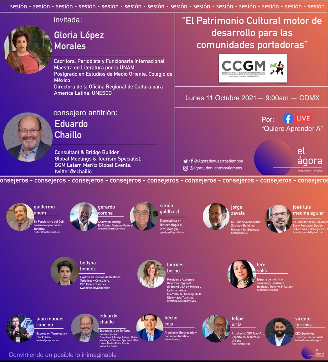 Agoradenuestro1's tweet photo. #Extraordinaria #platica nos espera este #Lunes 11 #Octubre por #FacebookLive @quieroaprendera #invitada #GloriaLopezMorales un #referente de la #Cultura de #México con la #conducción de @echaillo @bettynabenitez @LourdesBerhoCEO @TERESOLIS @GerardoCoronaG @HCeja @cnet_mexico https://t.co/dKXBfd2kef