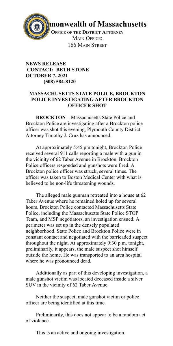Massachusetts State Police, Brockton Police Investigating After Brockton Officer Shot
