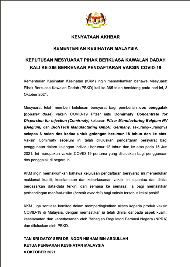 msianinsight's tweet photo. TERKINI: Mesyuarat #PBKD kali ke-365 telah bersidang pada hari ini, 8 Oktober 2021.
Mesyuarat telah memberi kelulusan bersyarat bagi pemberian dos penggalak vaksin #COVID19 #Pfizer sekurang-kurangnya selepas 6 bulan dos kedua untuk golongan berumur 18 tahun & ke atas. https://t.co/8TrBpMBqXn