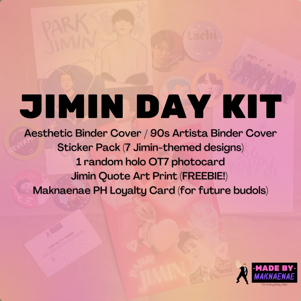 maknaenaeph's tweet photo. Celebrate Jimtober all month long with our Jimin Day Kits, now available for pre-order starting at Php 149 per kit. 💜 You can also get the sticker pack separately for Php 35 only. We ship nationwide! 😉 Order now at https://t.co/by5nF4XCKl #MaknaenaePH

🏷 wts lfb bts ph fankit https://t.co/CNq4IwXda6