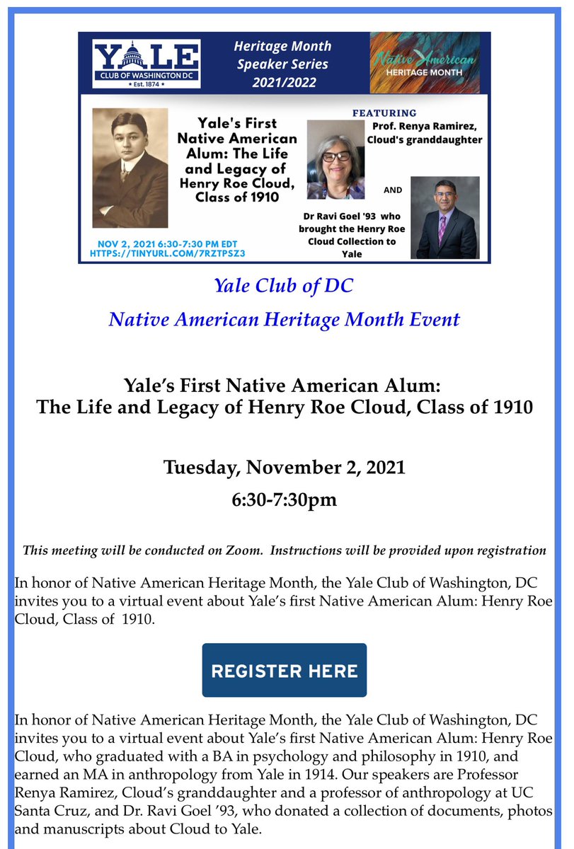 Look forward to Native American Heritage Month &amp; The Yale Club of Washington, DC virtual event about #Yale’s first Native American Alum: Henry Roe Cloud BA 1910, MA 1914. Join us on Tuesday 11/2/21 at 6:30 pm EST! <a href="/YaleClubDC/">YaleClubWashingtonDC</a> #YaleAlumni <a href="/yalenatives/">yalenatives</a> 

yaleclubdc.org/index.php?opti…