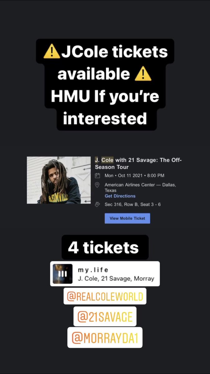 ThatBoyMe_Tro's tweet photo. ⚠️If you need tickets for J Cole in Dallas TX next Monday 10/11/2021 get at me ASAP before they sell out. ⚠️ @JColeNC @21savage @morrayda1 @Dreamville @Drake 

#COLEWORLD  #95SOUTH #FRIDAYNIGHTLIGHTS #KOD #JCOLE #COLEWORLD #FORESTHILLSDR #FRIDAYNIGHTLIGHTS #TheOffSeasonTour https://t.co/3P5uNnNo5U