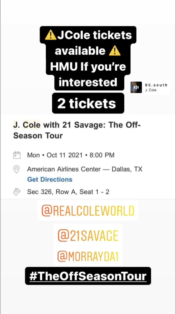 ThatBoyMe_Tro's tweet photo. ⚠️If you need tickets for J Cole in Dallas TX next Monday 10/11/2021 get at me ASAP before they sell out. ⚠️ @JColeNC @21savage @morrayda1 @Dreamville @Drake 

#COLEWORLD  #95SOUTH #FRIDAYNIGHTLIGHTS #KOD #JCOLE #COLEWORLD #FORESTHILLSDR #FRIDAYNIGHTLIGHTS #TheOffSeasonTour https://t.co/3P5uNnNo5U