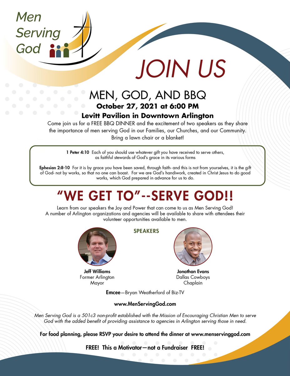 Men’s free BBQ dinner event Oct. 27. Hosted by new organization to help men find ways to be involved in their community. Two Awesome speakers.Register at menservinggod.com 
#serve #community #service #volunteer #giveback  #motivation #makeadifference #care #menservinggod
