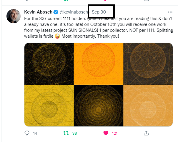 Paddy_Stash's tweet photo. FYI, @kevinabosch did a snapshot back on Sept 30th for all #1111 holders, so you'll likely be receiving your airdropped #sunsignal at some point tomorrow. https://t.co/3fsgDjhrqM