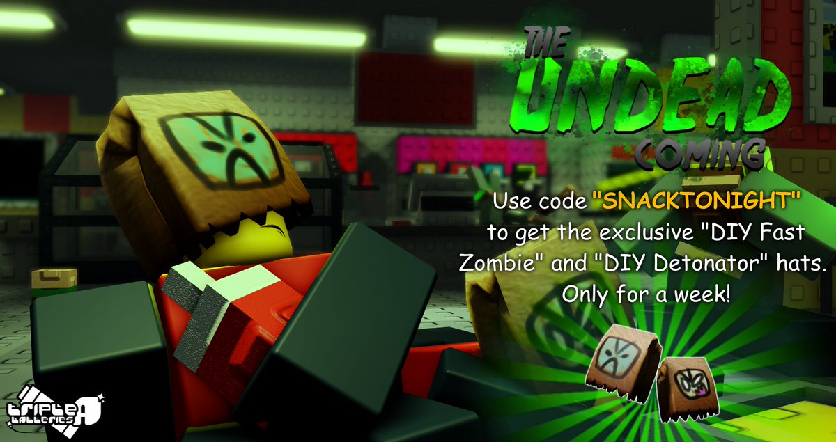 tab_development's tweet photo. ...Two hats in one code?! That's right! For this week only, you can get the exclusive "DIY Fast Zombie" and "DIY Detonator" hats now by using code "SNACKTONIGHT".

#Roblox #TheUndeadComing #TUC https://t.co/Hr2RwLfPbo